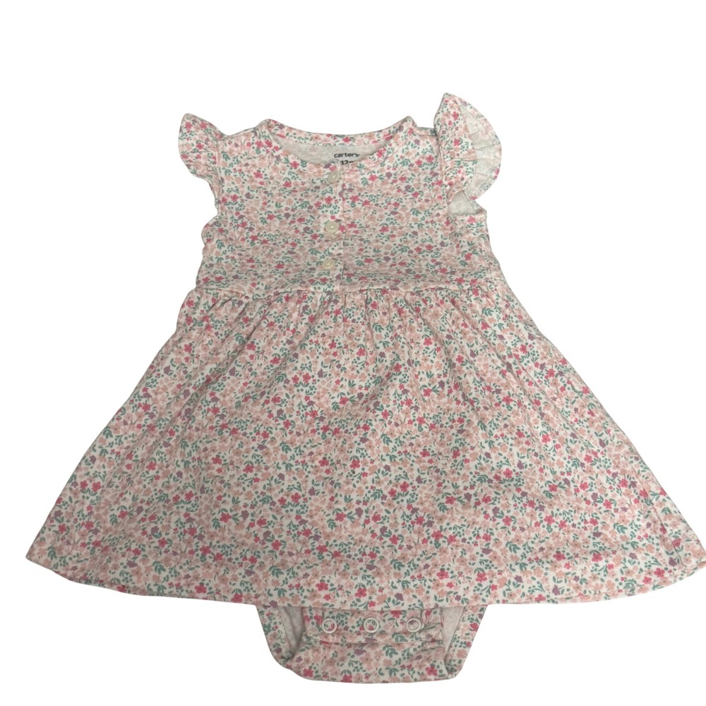 Carters Baby Girls 12M Floral Flutter Sleeve Bodysuit Dress Pink White Cotton